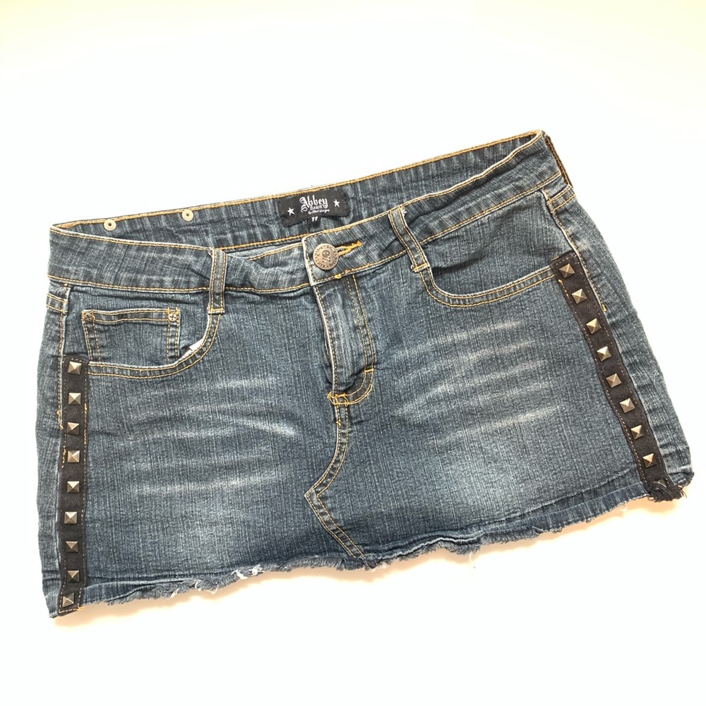 🌲 Abbey Dawn studded distressed denim micro skirt
